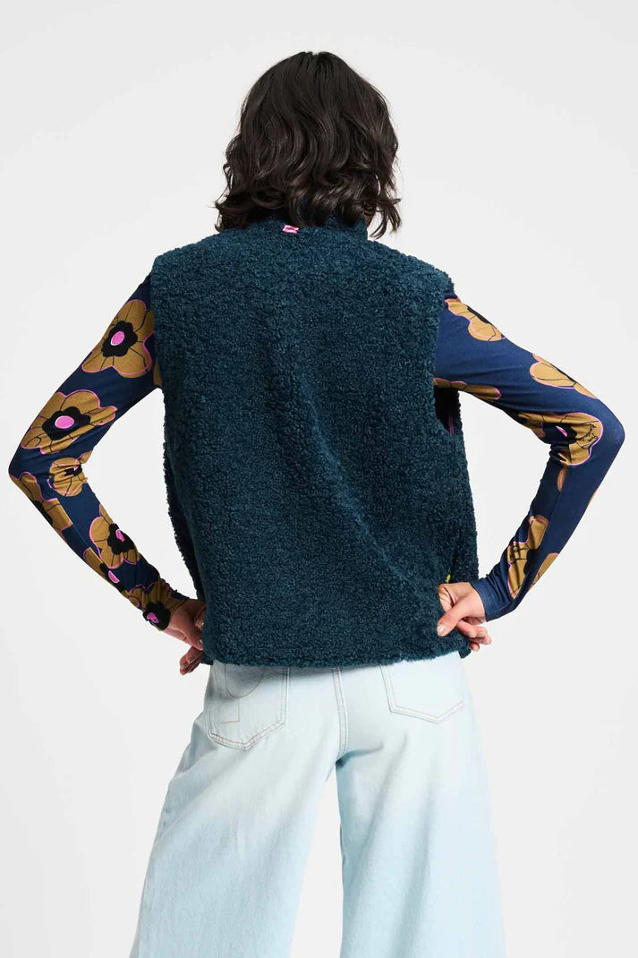 Navy astrakhan gilet with brooch