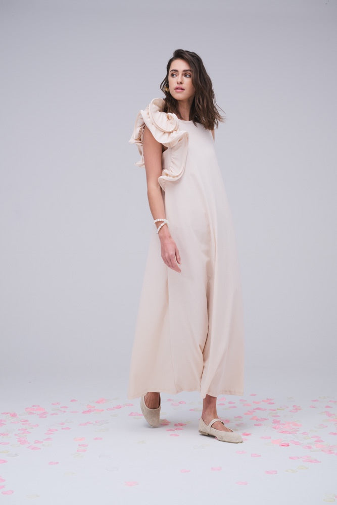 Deep cream Tshirt dress with ruffle detail