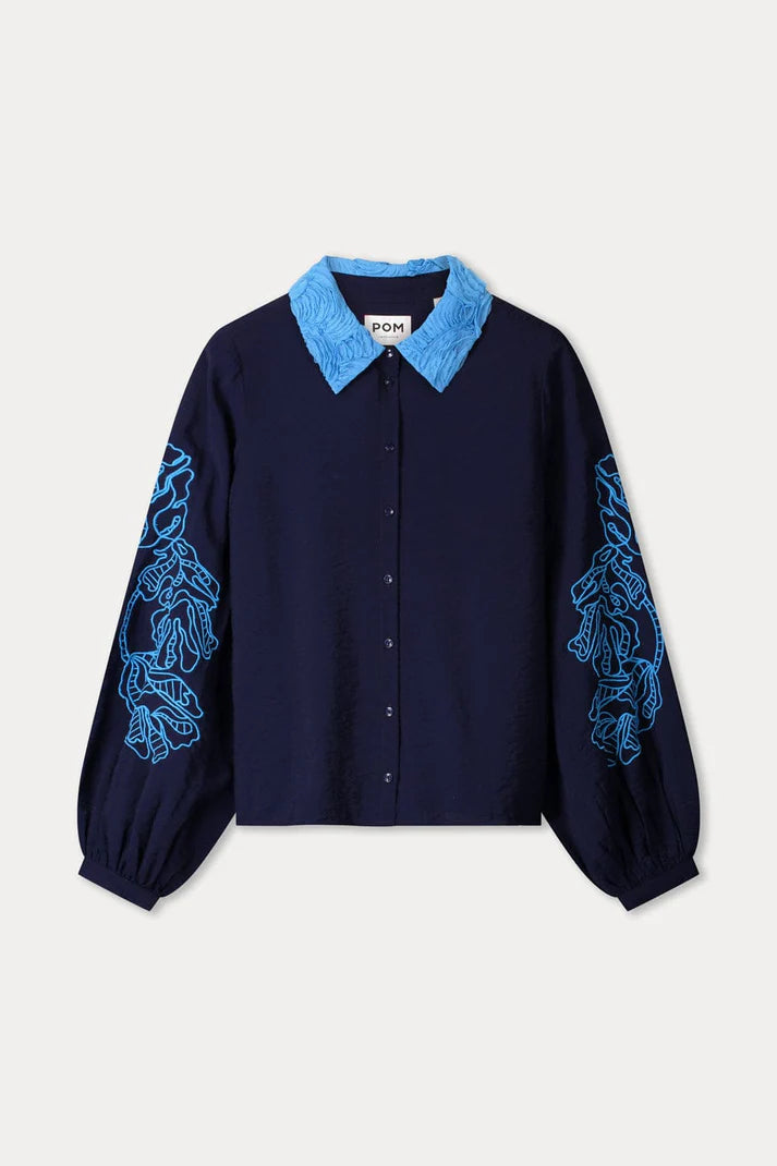 Elaborate blouse in dark blue with decorative collar