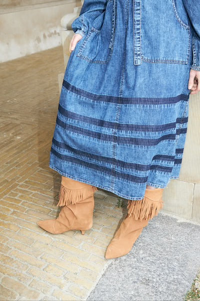 Lightweight denim dress with tone on tone striped detailing