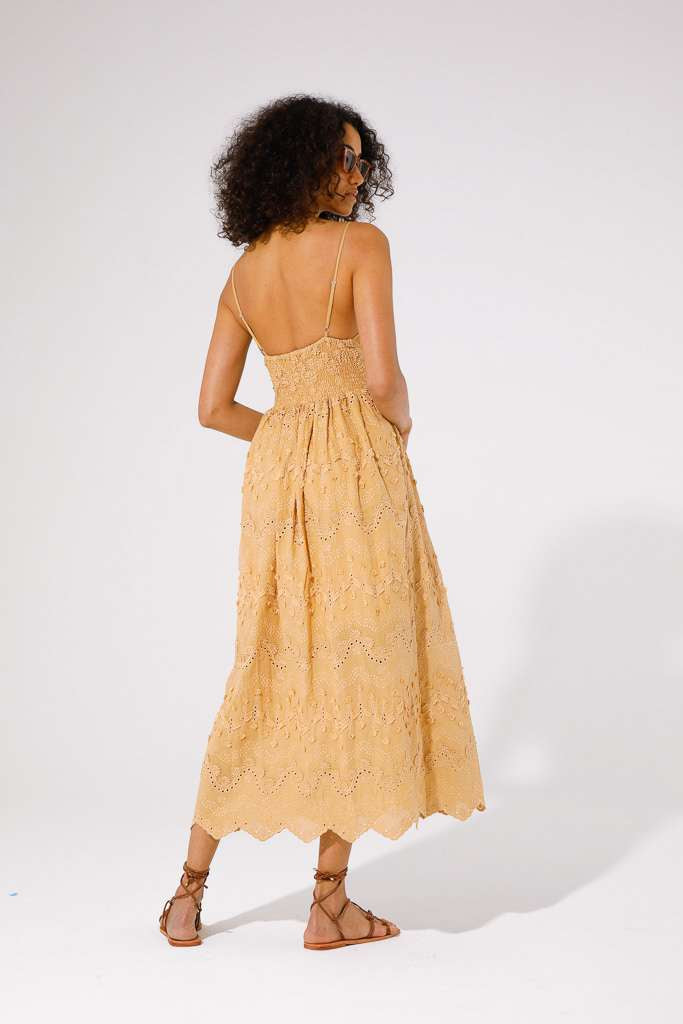 Strappy broderie maxi dress in camel