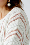 Width wise knitted short sleeve sweater in ivory and rose gold