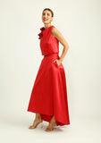 Long satin finish red skirt
