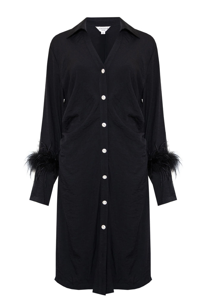 Rehon Dress with Black feather Trim