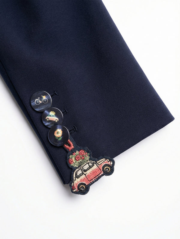 Plain navy classic fit blazer with patterned buttons