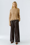 Wide pleated leather look trousers in chocolate brown