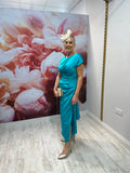 Satin effect pencil dress in turquoise with floaty overlay