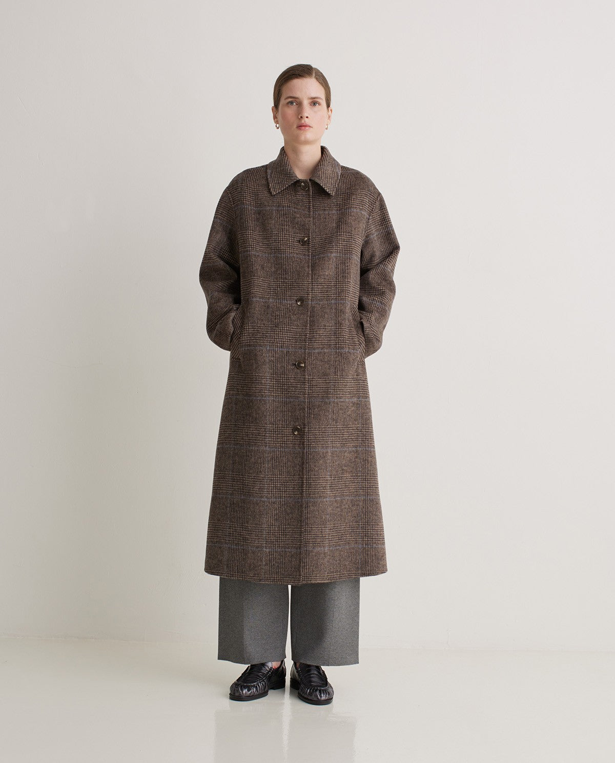 Handmade check wool coat in brown