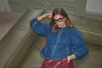Denim shirt with grandfather neckline