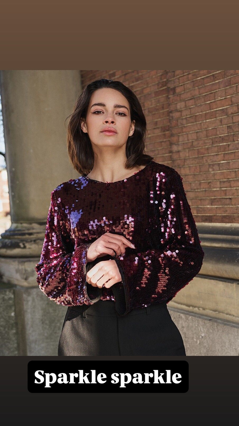 Long sleeve sequin top in maroon