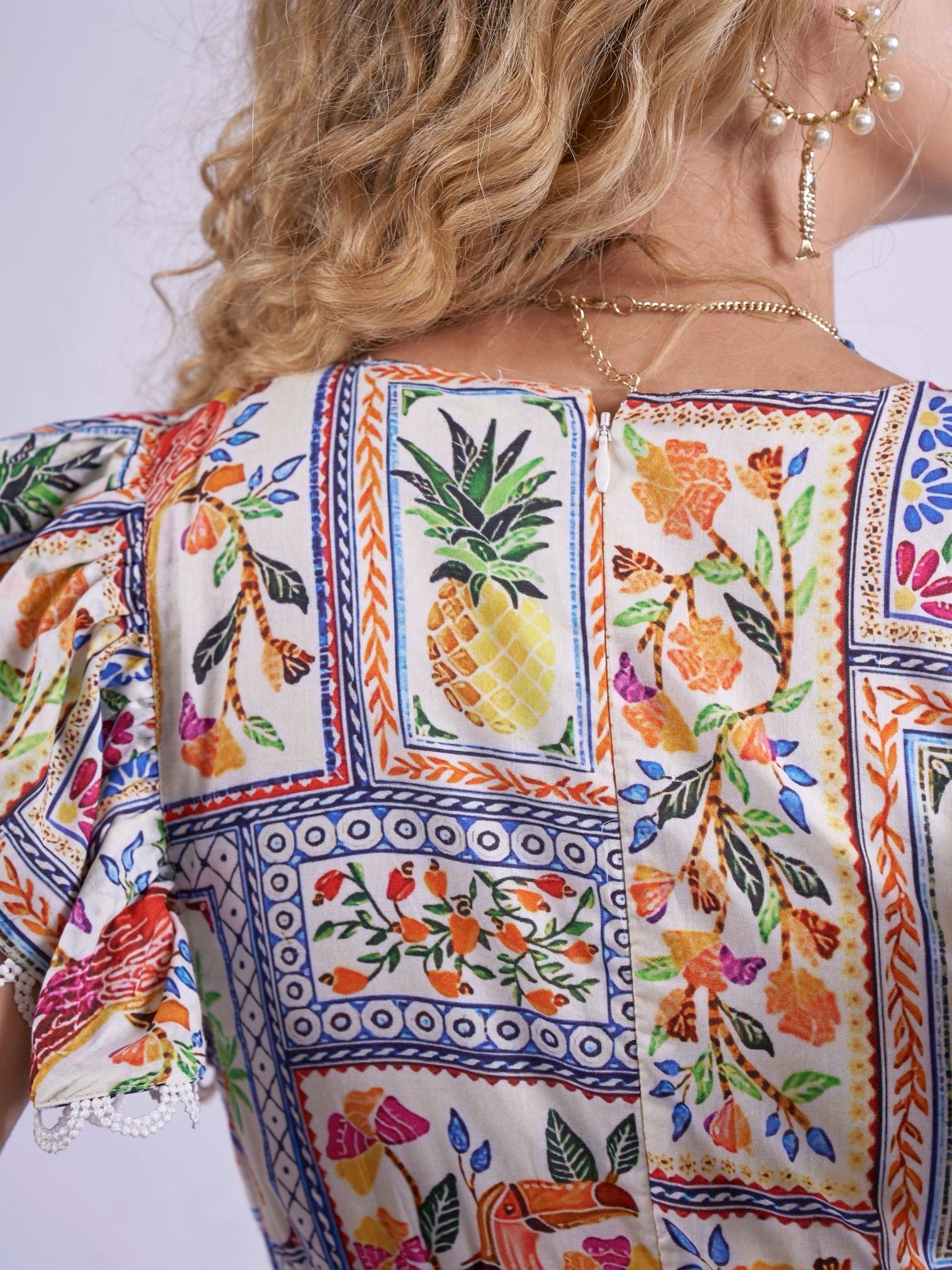 “Misha” dress with tropical patch pattern