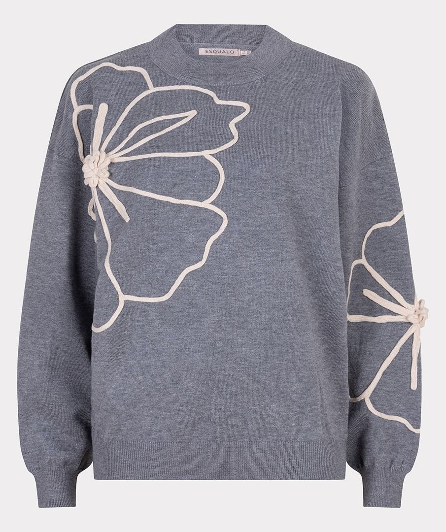 Grey Melange Sweater with Cremam Floral Piping