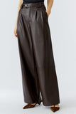 Wide pleated leather look trousers in chocolate brown