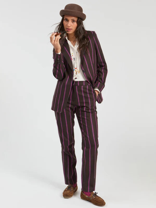 Brown striped wool jacket with stripes in fuschia and blue.