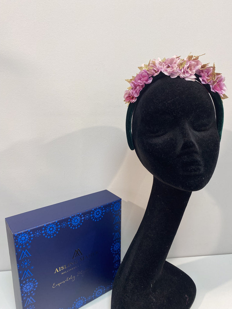 Green Velvet Hairband with Flowers and Gold Embellishments