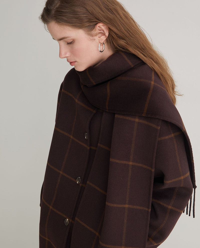 Dark brown handmade coat with non removable scarf. Camel check print