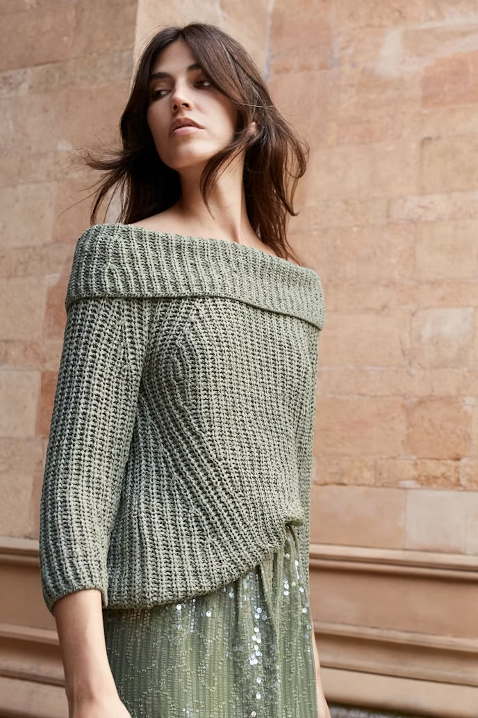 Pullover with voluminous Carmen neckline in deep sage