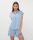 Chambray blouse  in light blue with embroidery