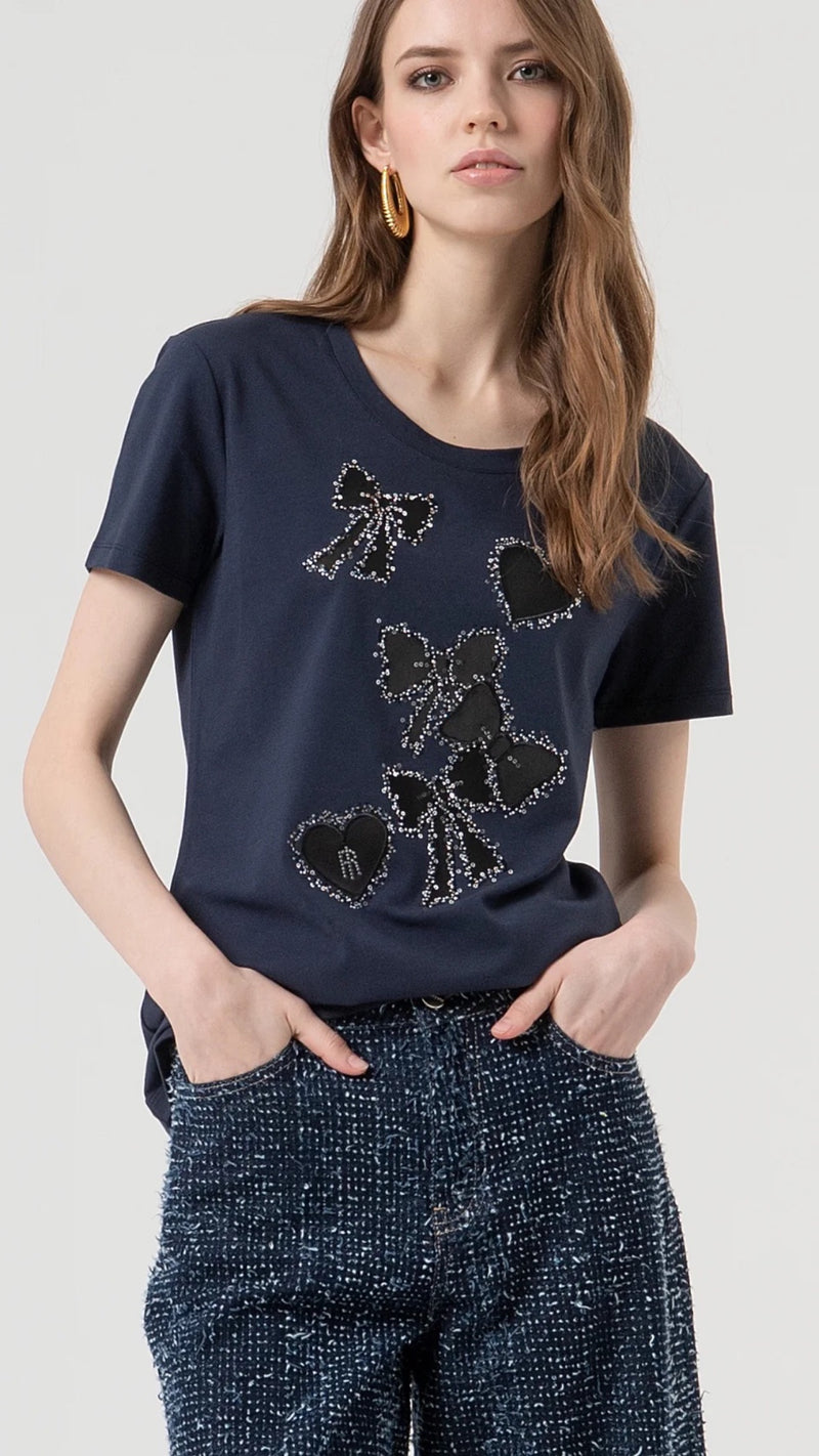 Navy T Shirt With Black Sequin Bows