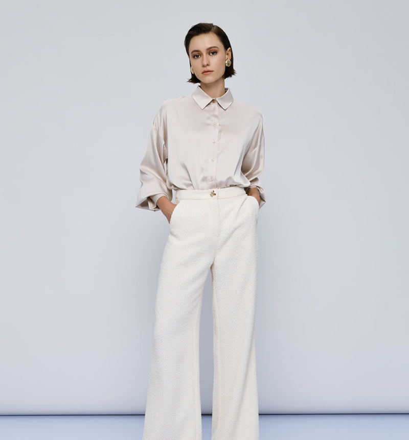 Wide leg vanilla cream pants with a fluffy texture