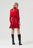 Short satin dress in deep red with corsage detail