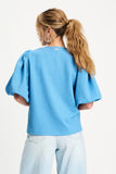 Light blue top with round neck and puff sleeves