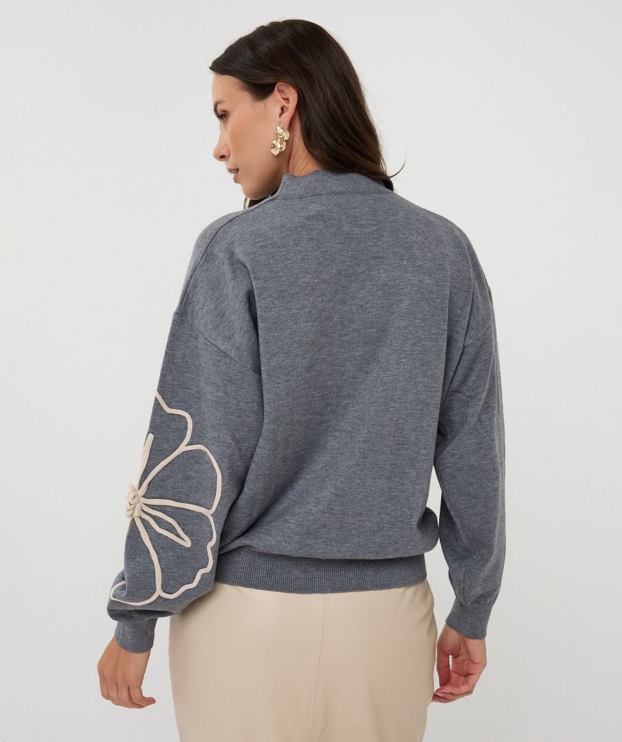 Grey Melange Sweater with Cremam Floral Piping