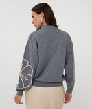 Grey Melange Sweater with Cremam Floral Piping