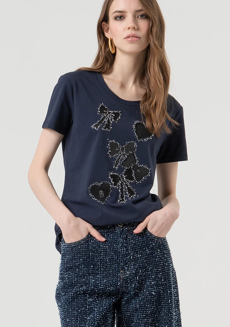 Navy T Shirt With Black Sequin Bows