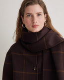 Dark brown handmade coat with non removable scarf. Camel check print