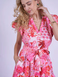“Nice” dress in pink patch pattern.