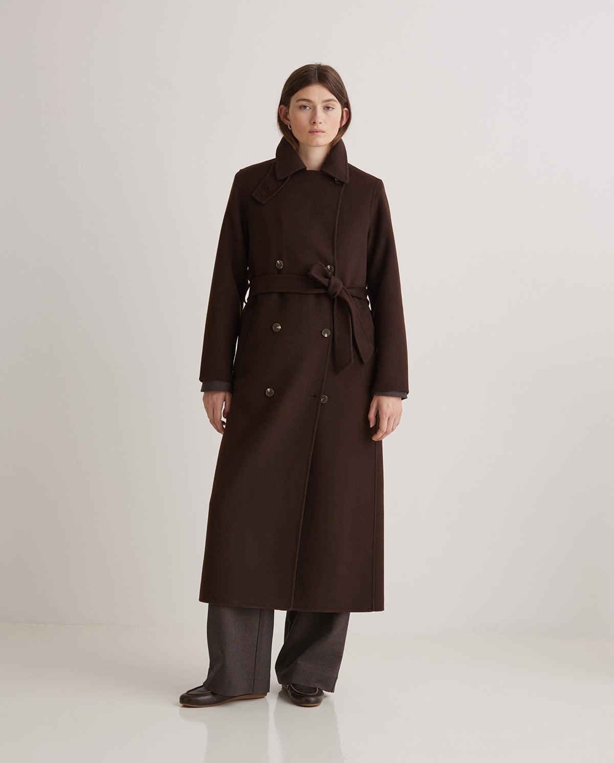 Handmade long double breasted coat in dark brown