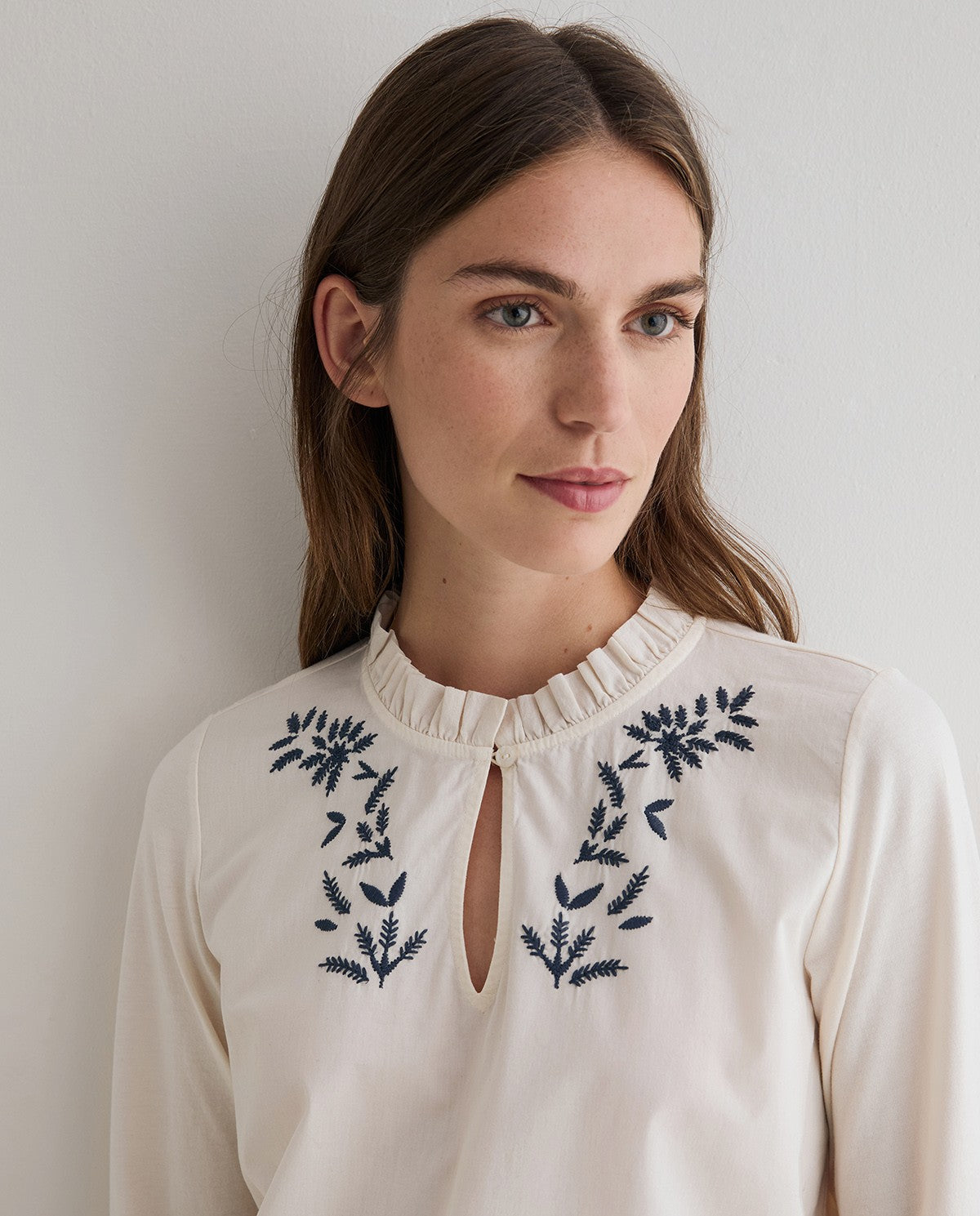 Cream Blouse with Teal Embroidery
