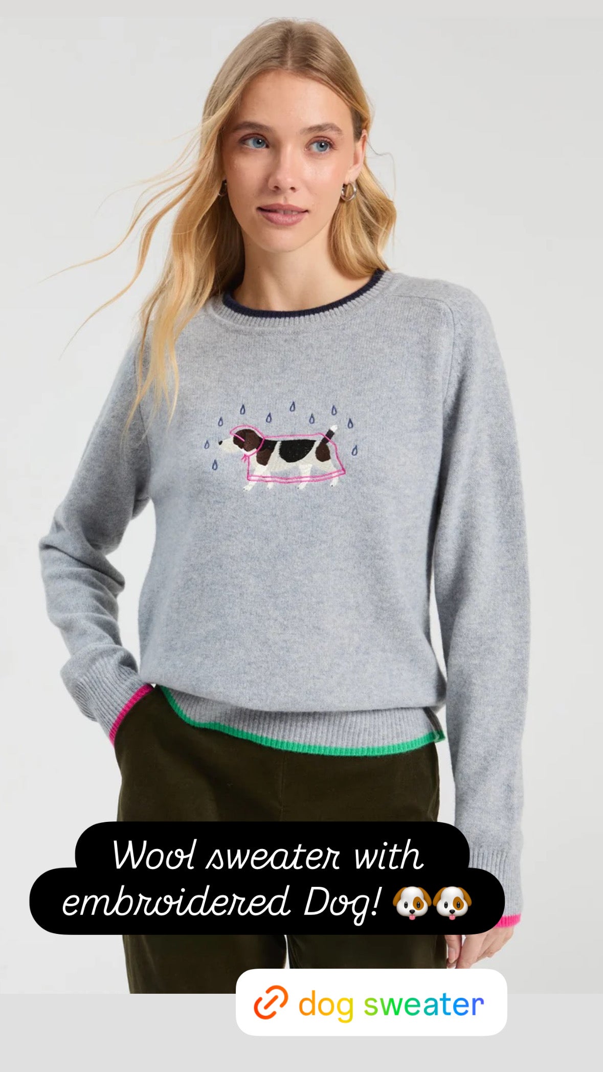 Grey Merino Wool Sweater with Embroidered Dog