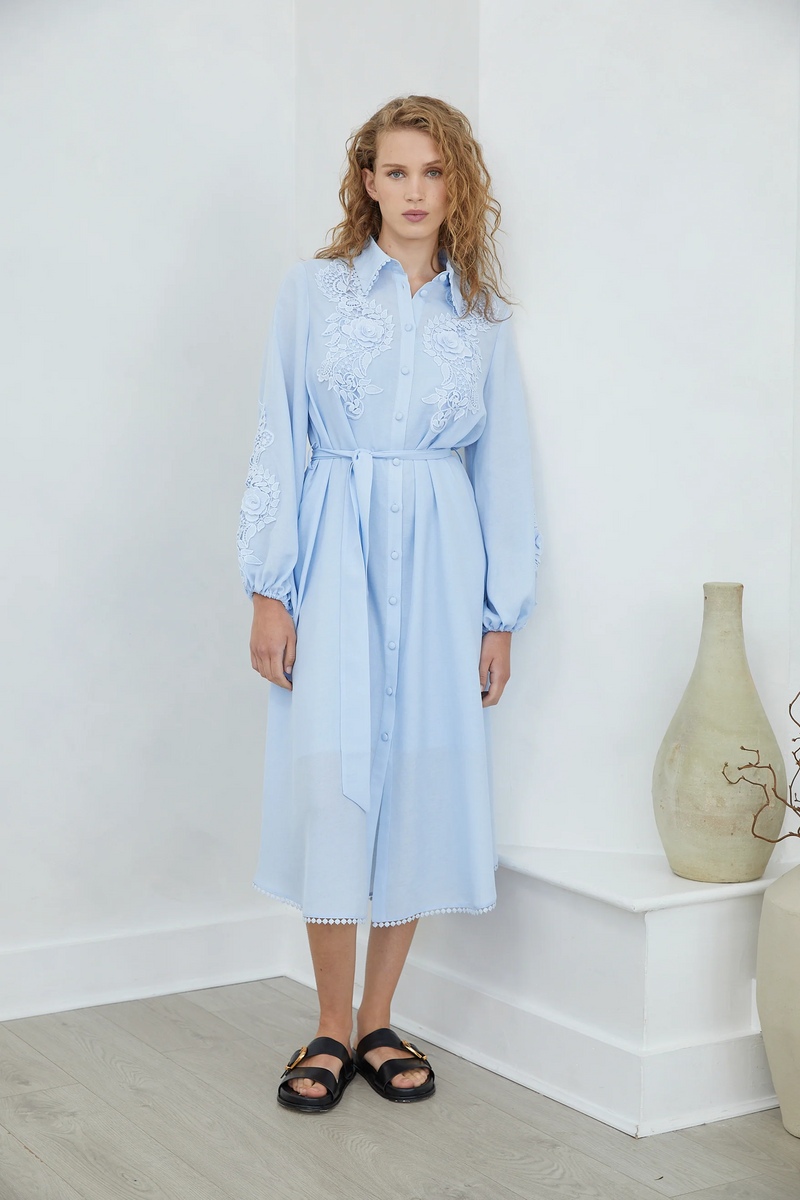 Mossy lace dress in pale blue