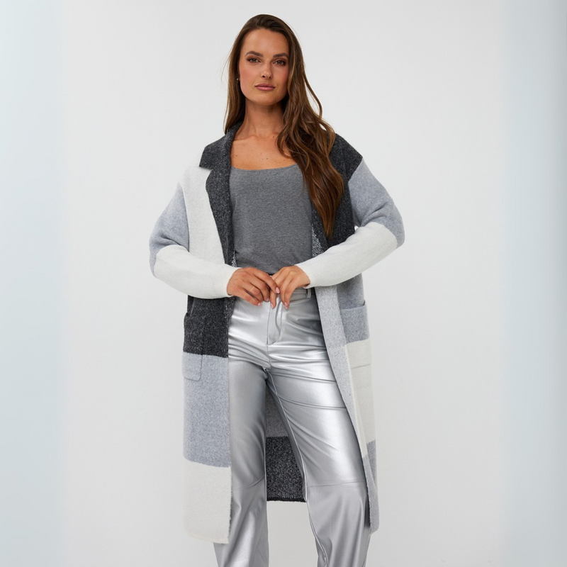 Long colour block cardigan in grey mix