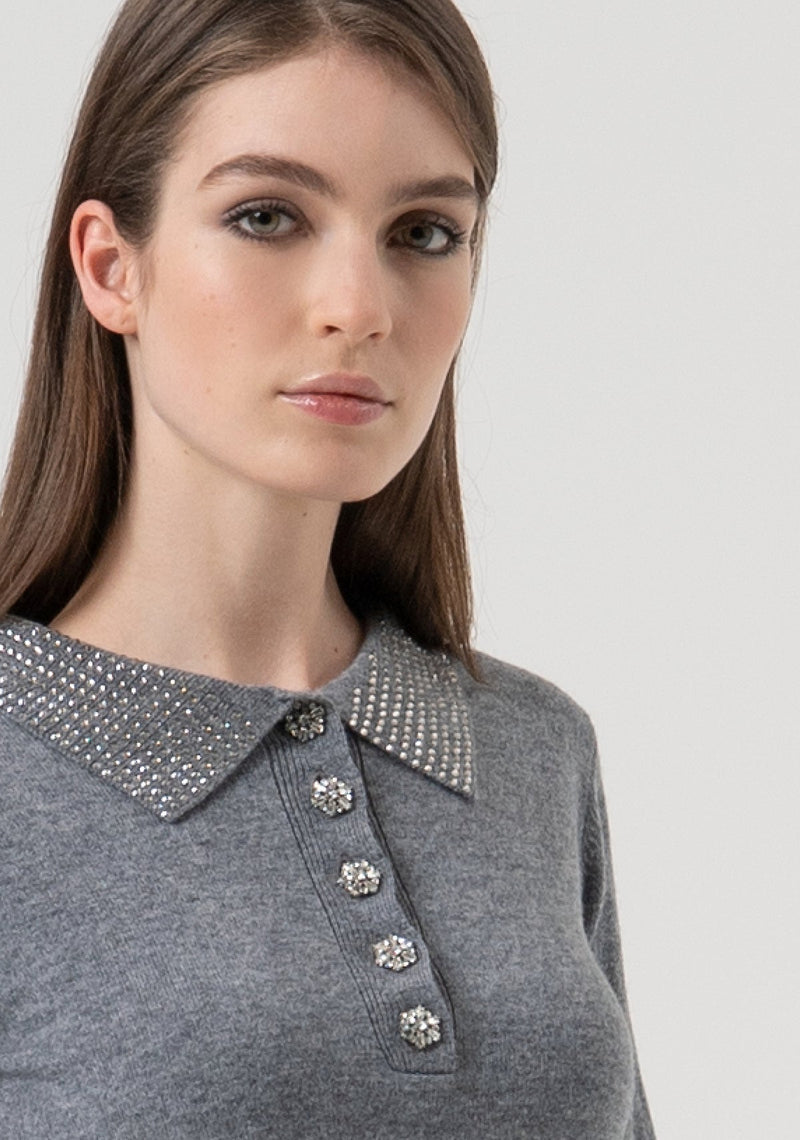 Polo sweater in grey with diamanté collar and buttons
