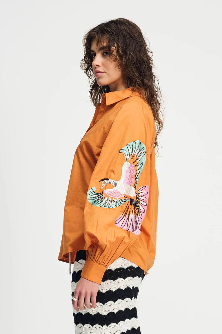 Sienna orange shirt with embroidered birds
