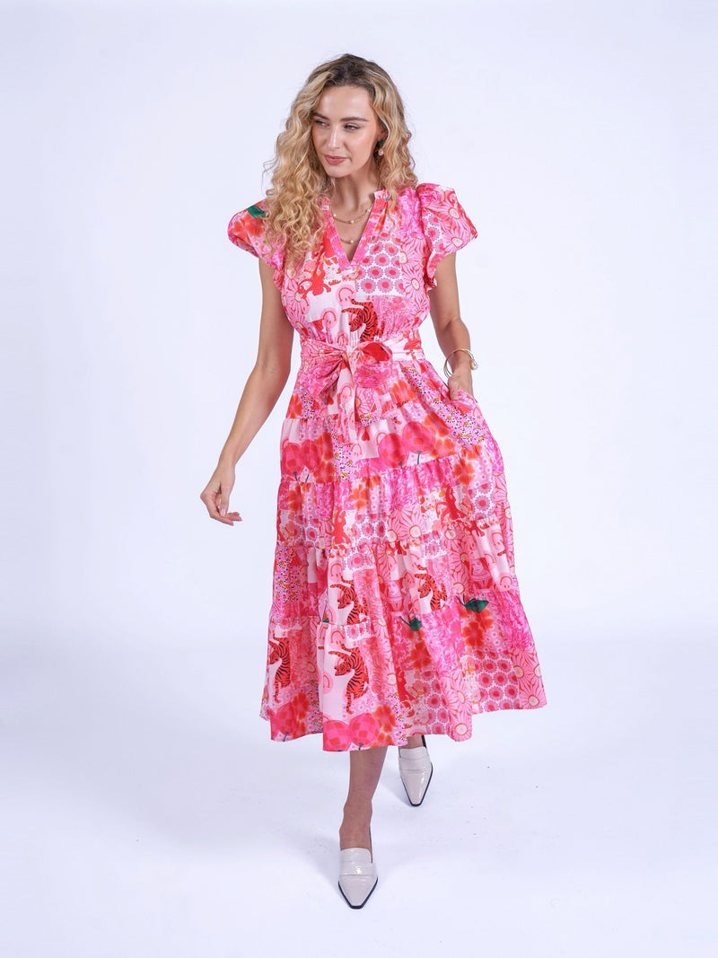 “Nice” dress in pink patch pattern.
