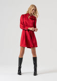 Short satin dress in deep red with corsage detail