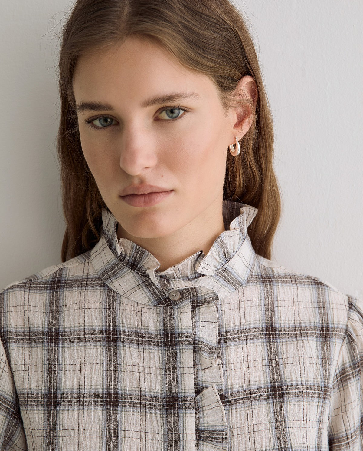 Check Shirt with Frill Collar