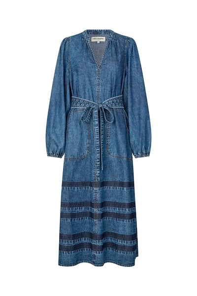 Lightweight denim dress with tone on tone striped detailing