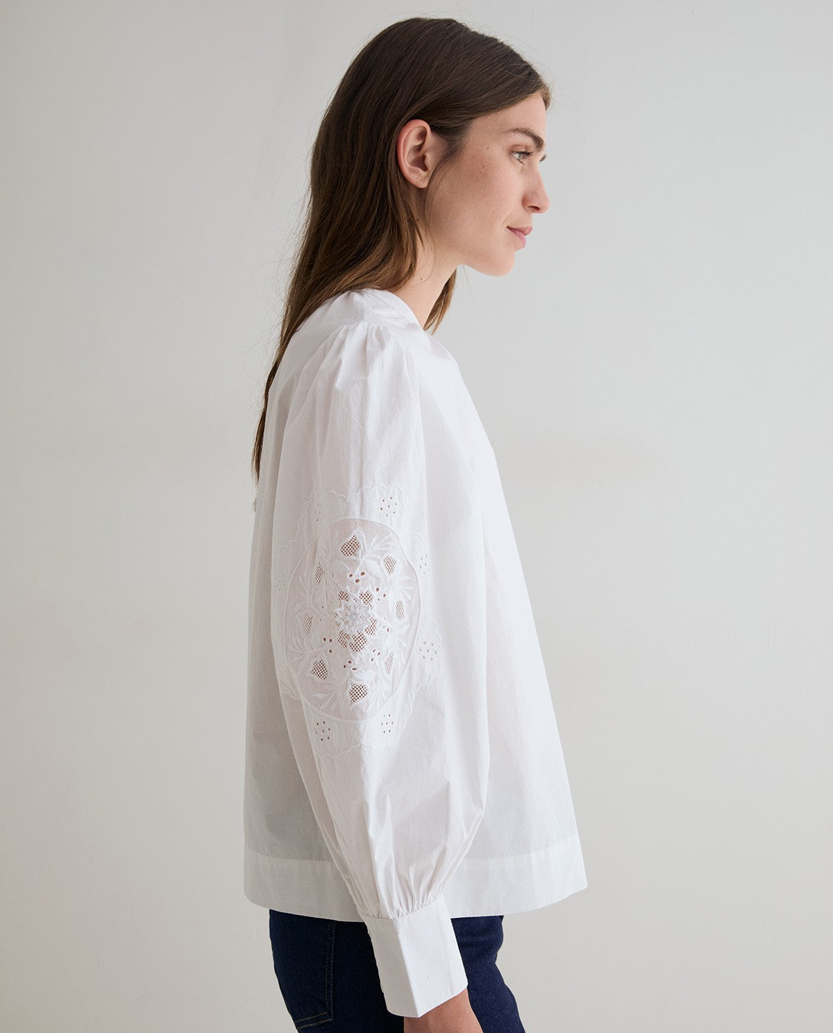White Cotton Shirt with Embroidered Sleeve