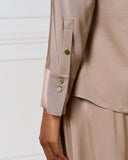 Taupe satin blouse with cowl neckline