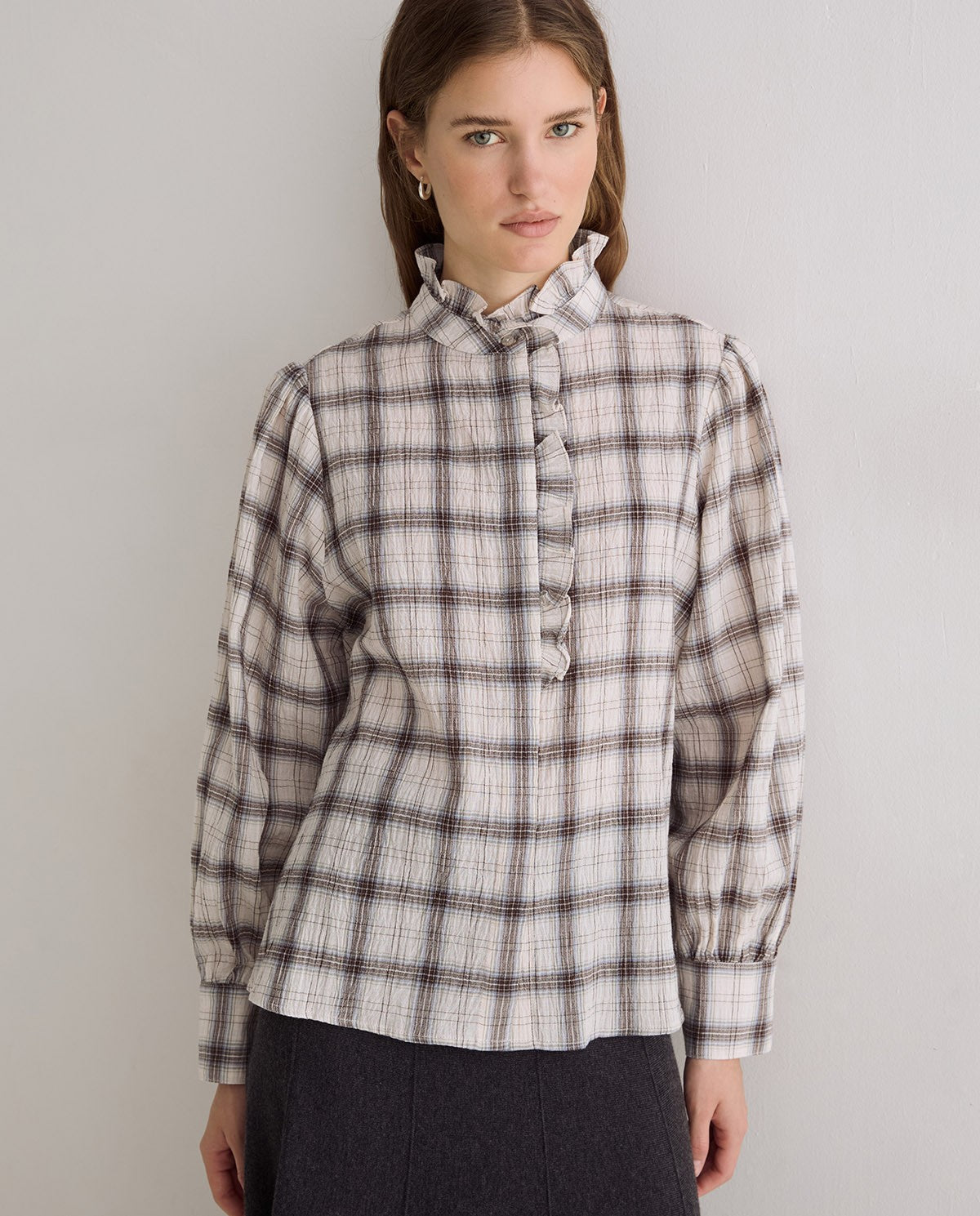 Check Shirt with Frill Collar