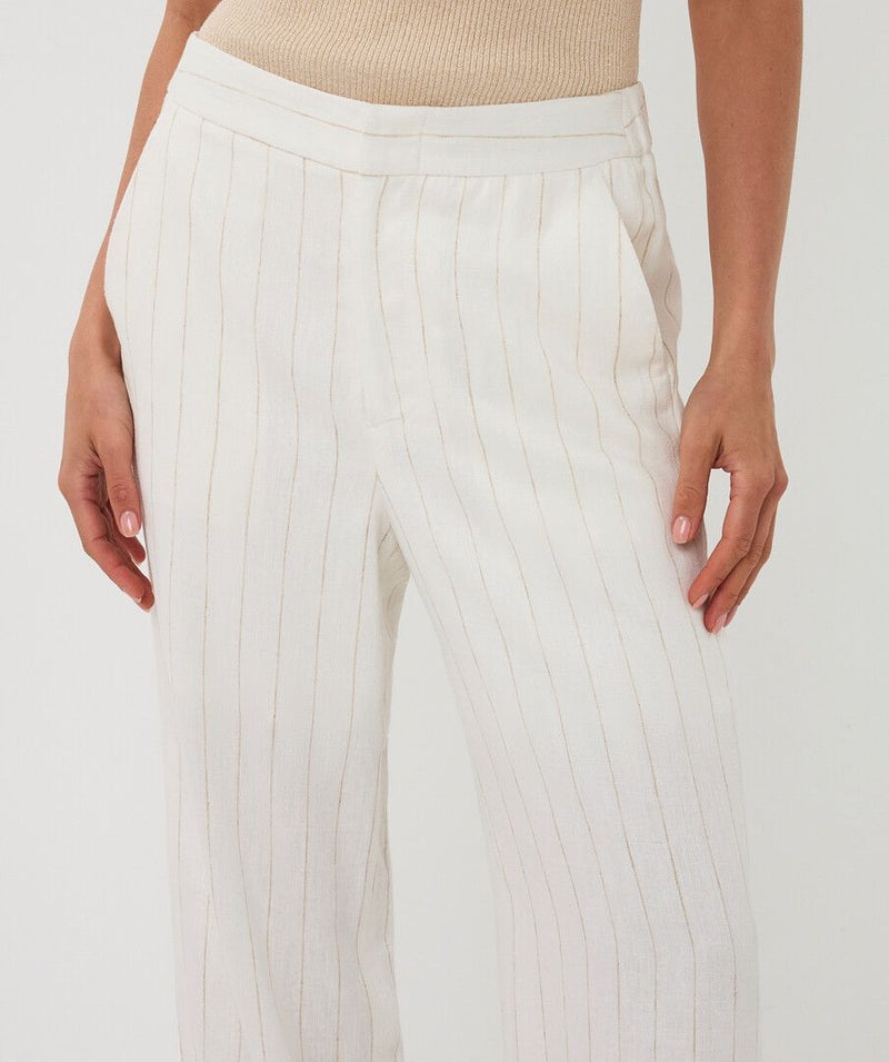 Off white wide leg trousers in linen mix with camel pinstripe