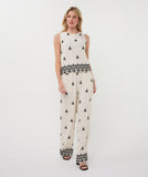Beige linen trouser with black embroidered detail