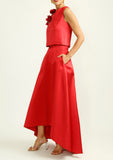 Long satin finish red skirt