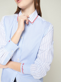 Blue and white striped shirt with heart embroidery