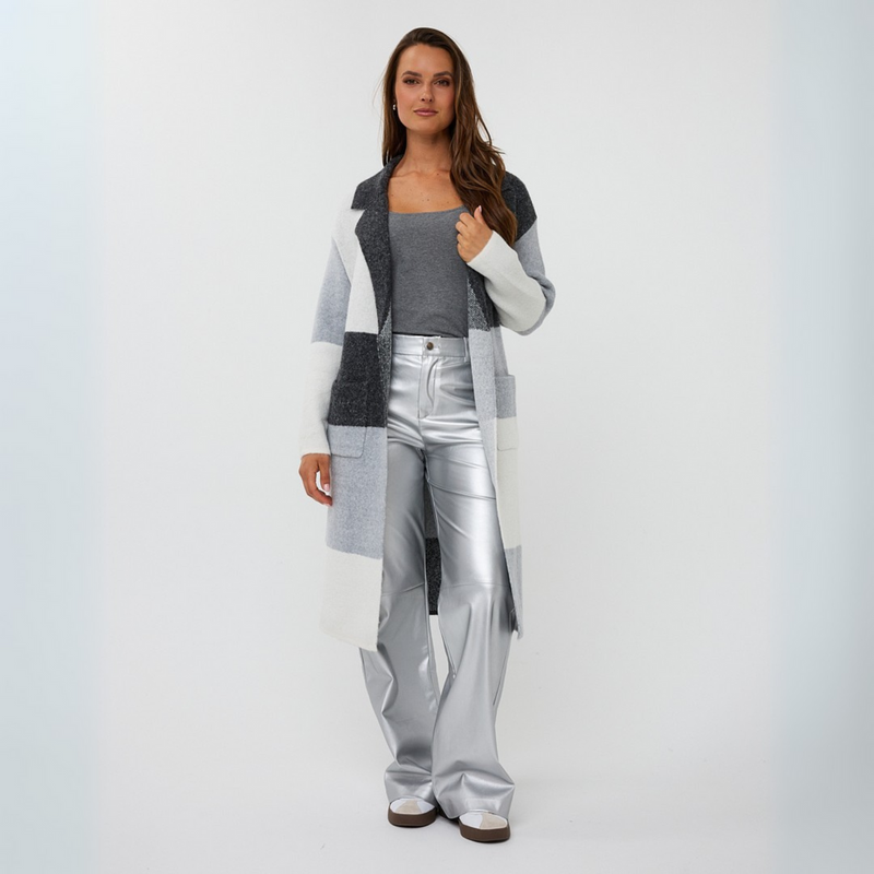 Long colour block cardigan in grey mix